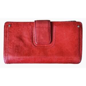 Fossil Wallet Red Leather Checkbook Snap Closure Zip Coin ID Bi-fold